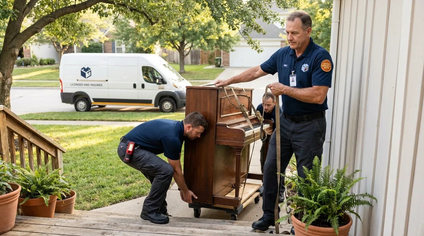 Licensed piano movers securing grand piano in Navarre, FL