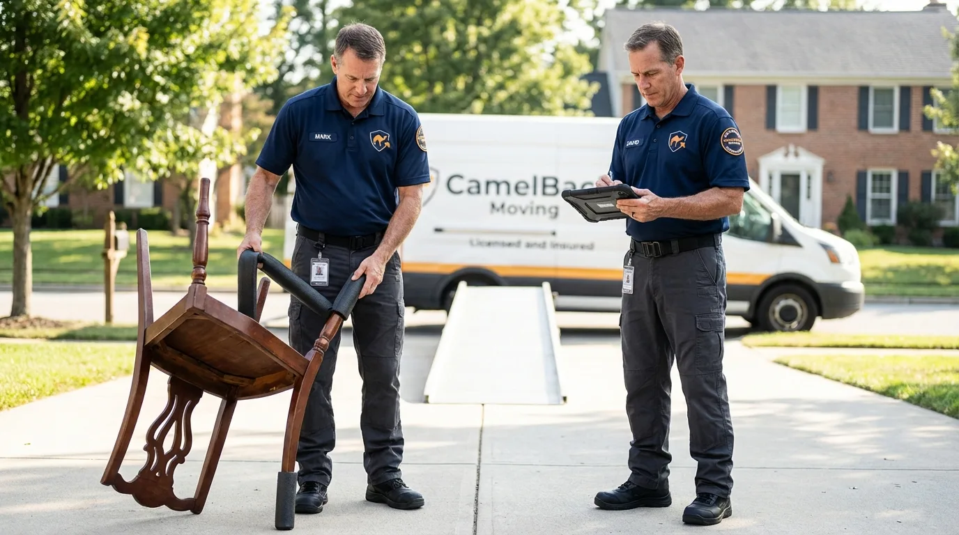Movers inspecting furniture for damage prevention before loading in Navarre, FL